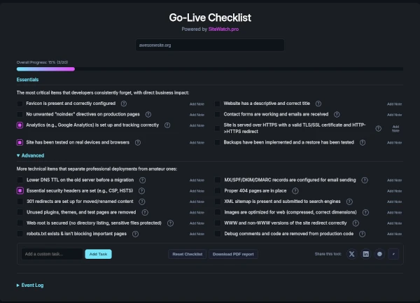 Go-Live Checklist Screenshot